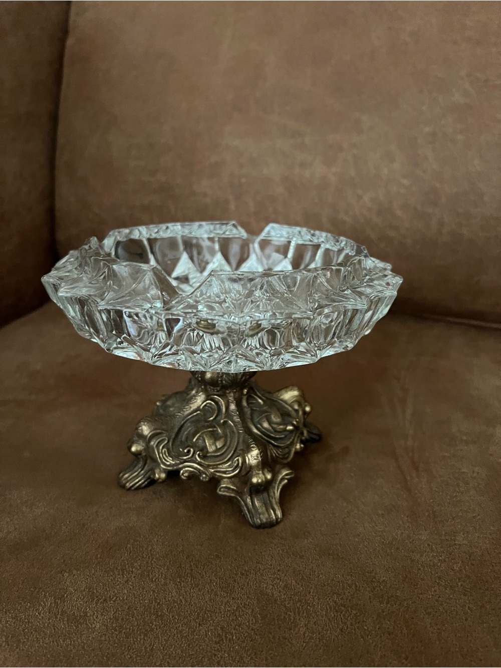 Cut Glass Candy Dish with Ornate Brass Base - Clear and Gold